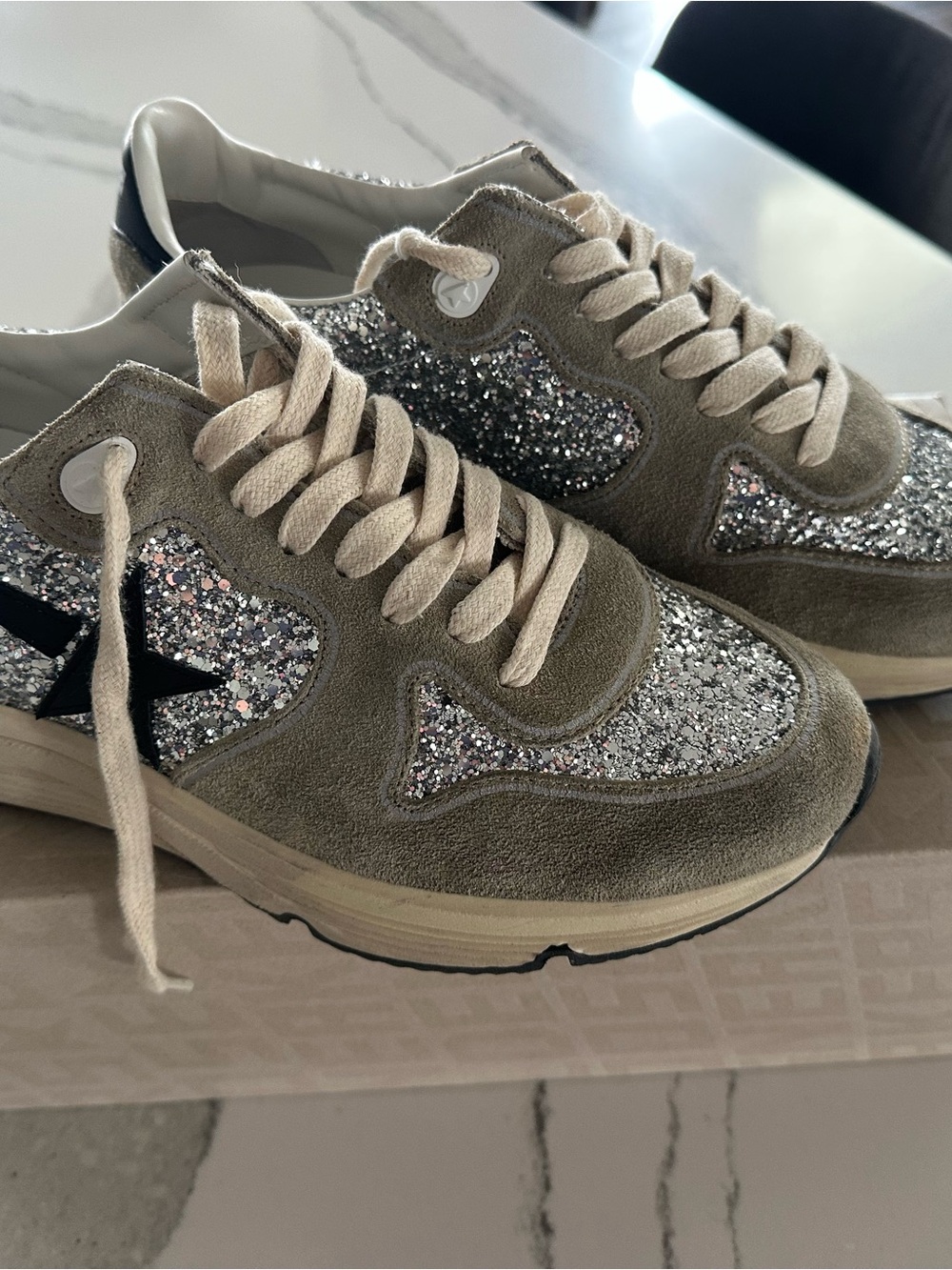 Golden Goose Beige Suede and Silver Glitter Star Sneakers